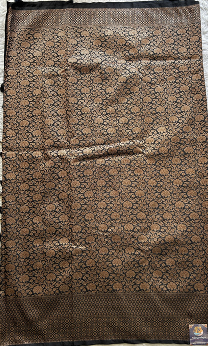 Banarasi Semi Katan Saree Black Colored Complemented with a Zari Border. - Sampradaya Designer Studio