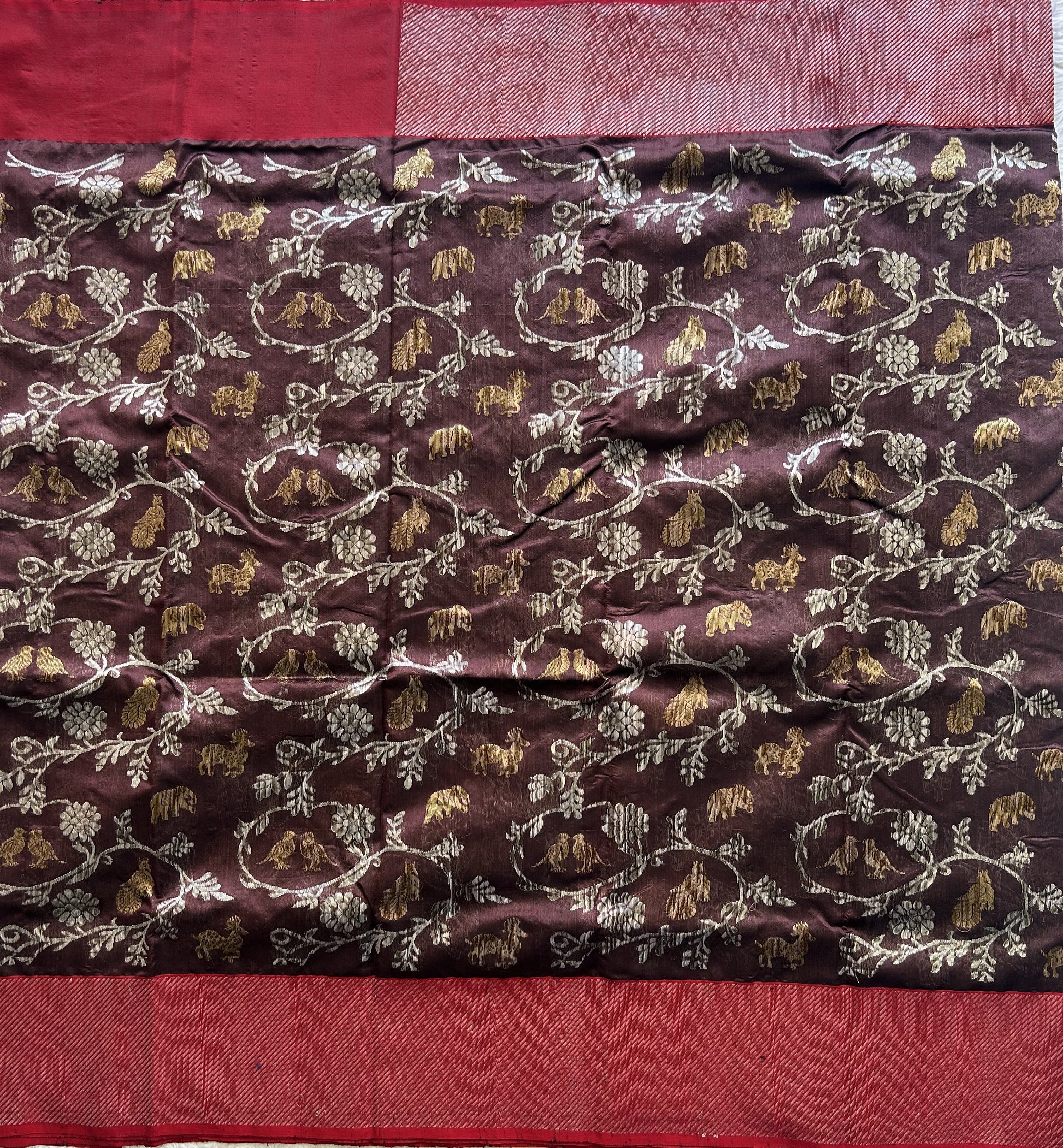 Chanderi Silk Saree Brown color Elegantly Paired with a Silver Zari border - Sampradaya Designer Studio