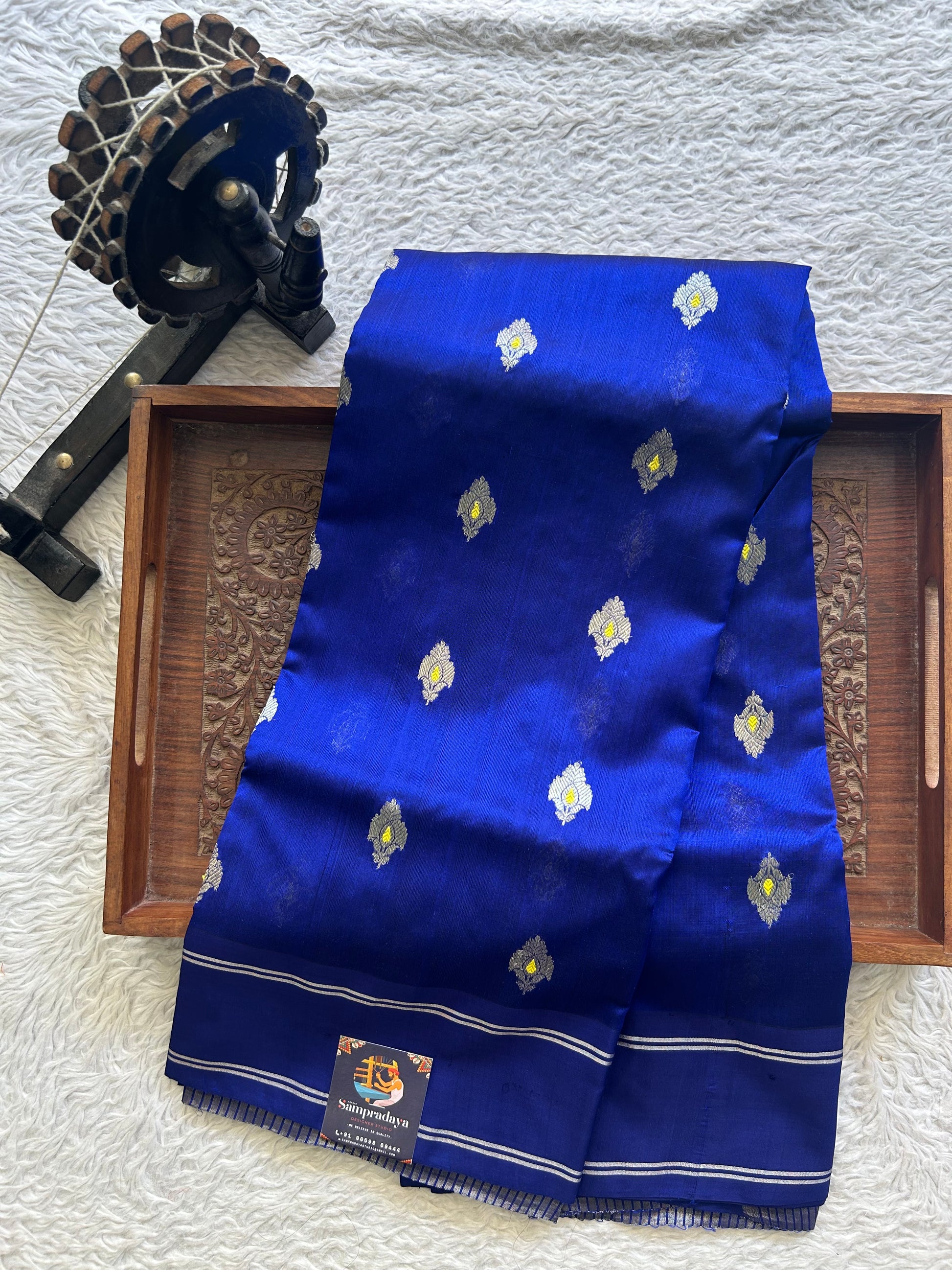 Chanderi Silk Blue color Elegantly Paired with a Silver Zari border - Sampradaya Designer Studio