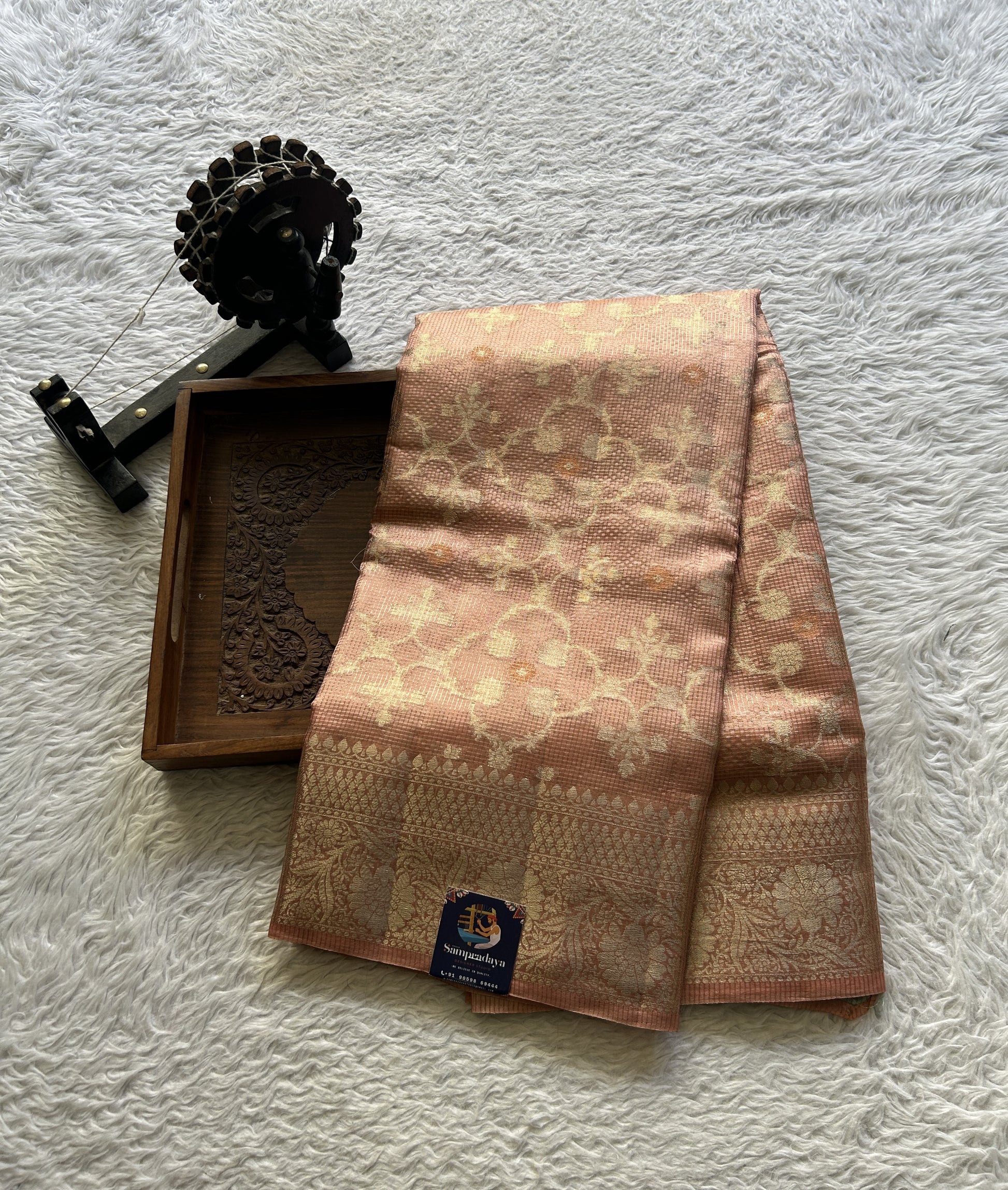 Chiniya Silk Saree Light Peach Colored Elegantly Paired with a Zari Border. - Sampradaya Designer Studio