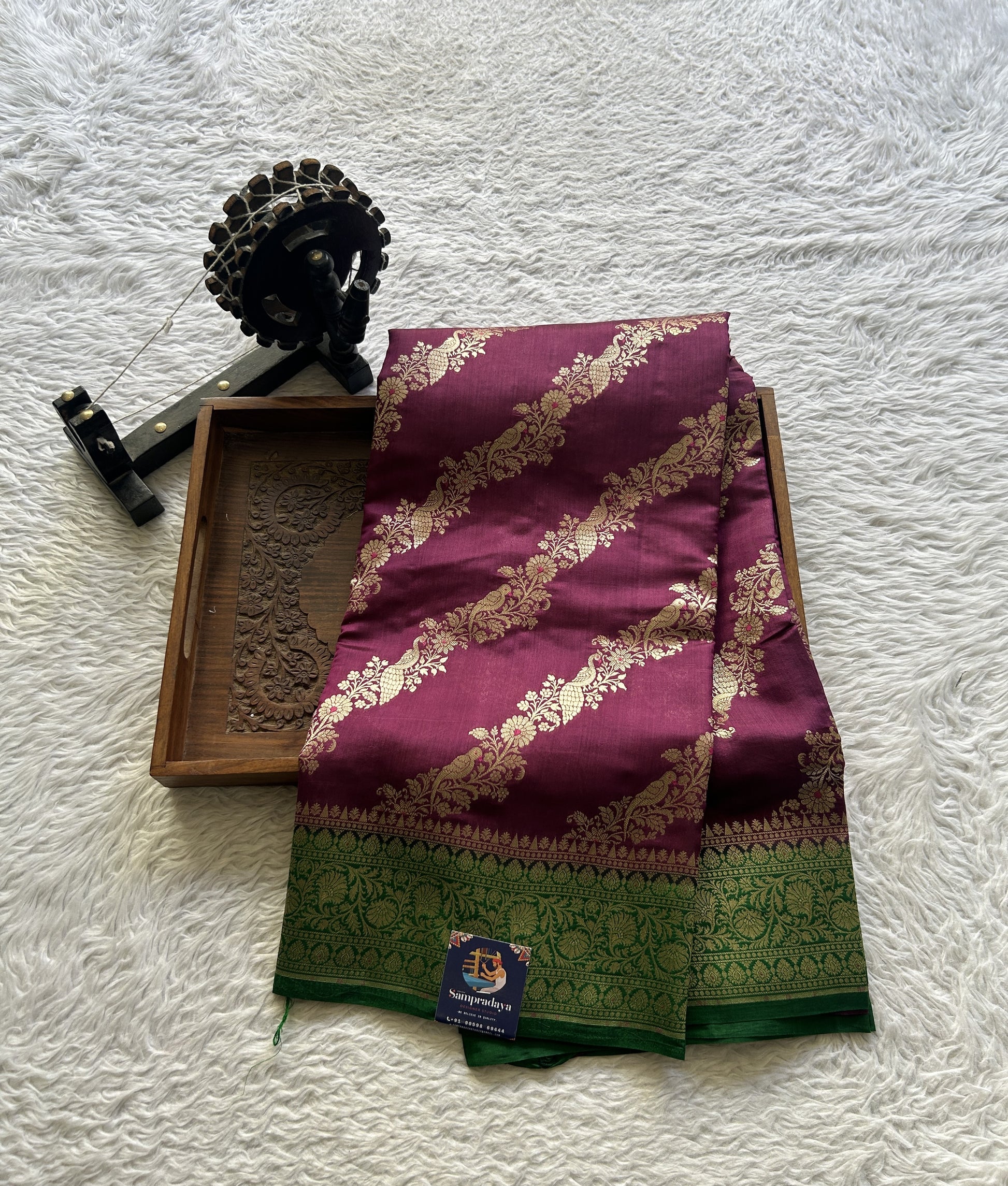 Chiniya Silk Saree Purple Colored Elegantly Paired with a Green Color Zari Border. - Sampradaya Designer Studio