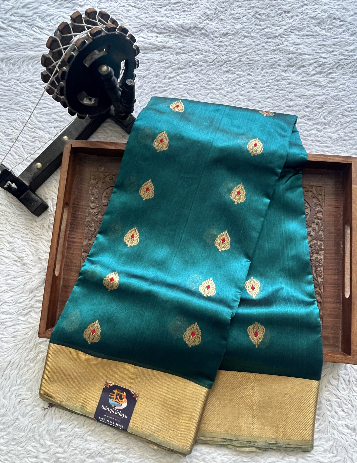 Chanderi Silk Rama Blue color Elegantly Paired with a Gold Zari border - Sampradaya Designer Studio