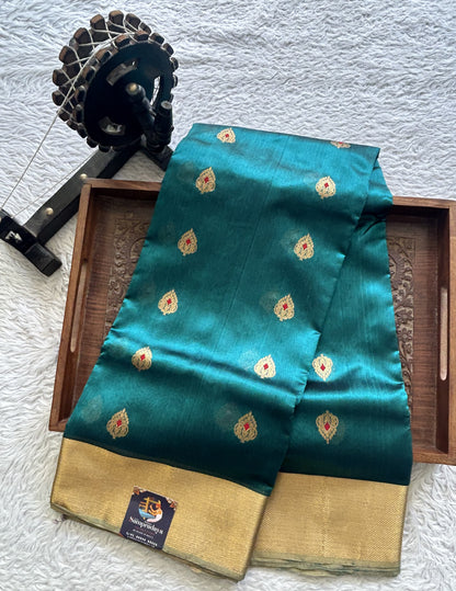 Chanderi Silk Rama Blue color Elegantly Paired with a Gold Zari border - Sampradaya Designer Studio