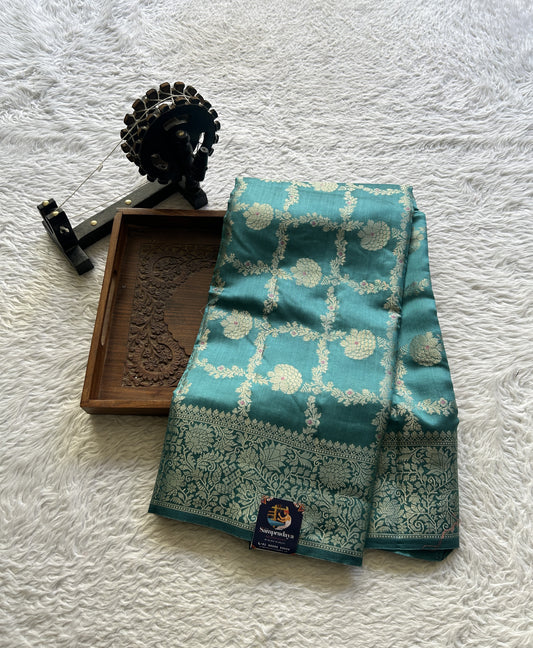 Chiniya Silk Saree Dusty Blue Colored Elegantly Paired with a Zari Border. - Sampradaya Designer Studio