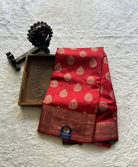 Chiniya Silk Saree Red Colored exquisite with a Zari Border. - Sampradaya Designer Studio