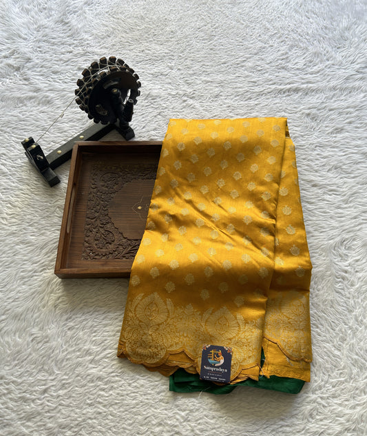 Chiniya Silk Saree Yellow Colored exquisite with a Scallop Zari Border. - Sampradaya Designer Studio