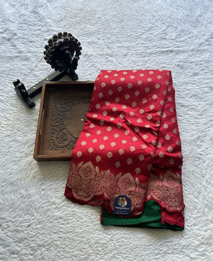 Chiniya Silk Saree Red Colored exquisite with a Scallop Zari Border. - Sampradaya Designer Studio