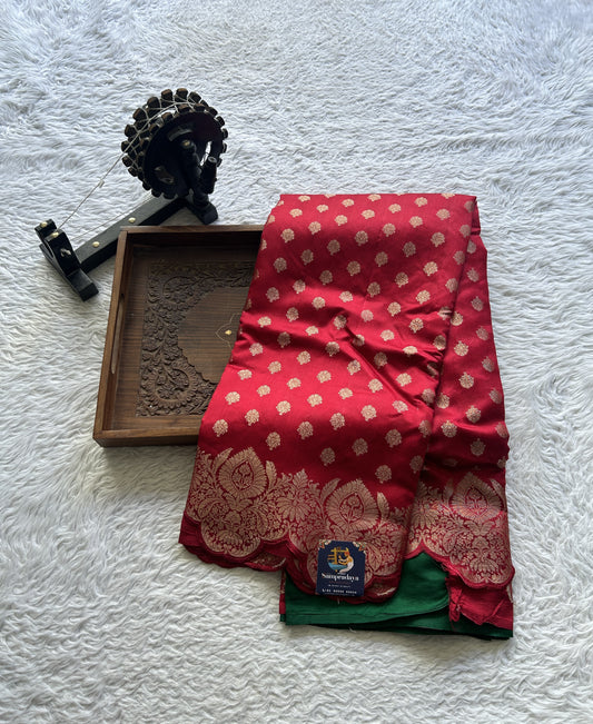 Chiniya Silk Saree Red Colored exquisite with a Scallop Zari Border. - Sampradaya Designer Studio