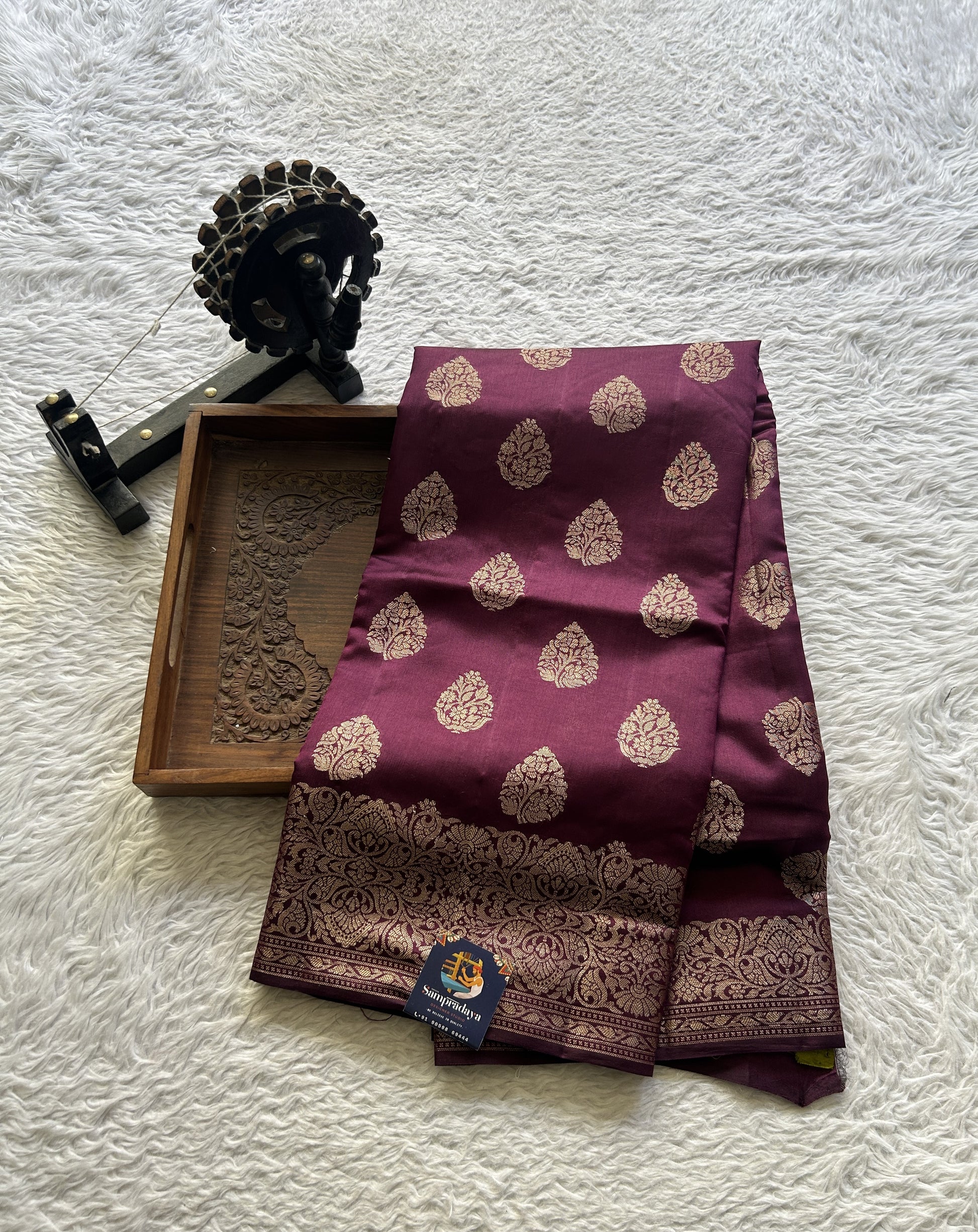 Chiniya Silk Saree Wine Colored Exquisite with a Zari Border. - Sampradaya Designer Studio