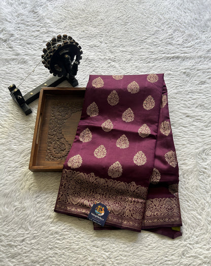 Chiniya Silk Saree Wine Colored Exquisite with a Zari Border. - Sampradaya Designer Studio