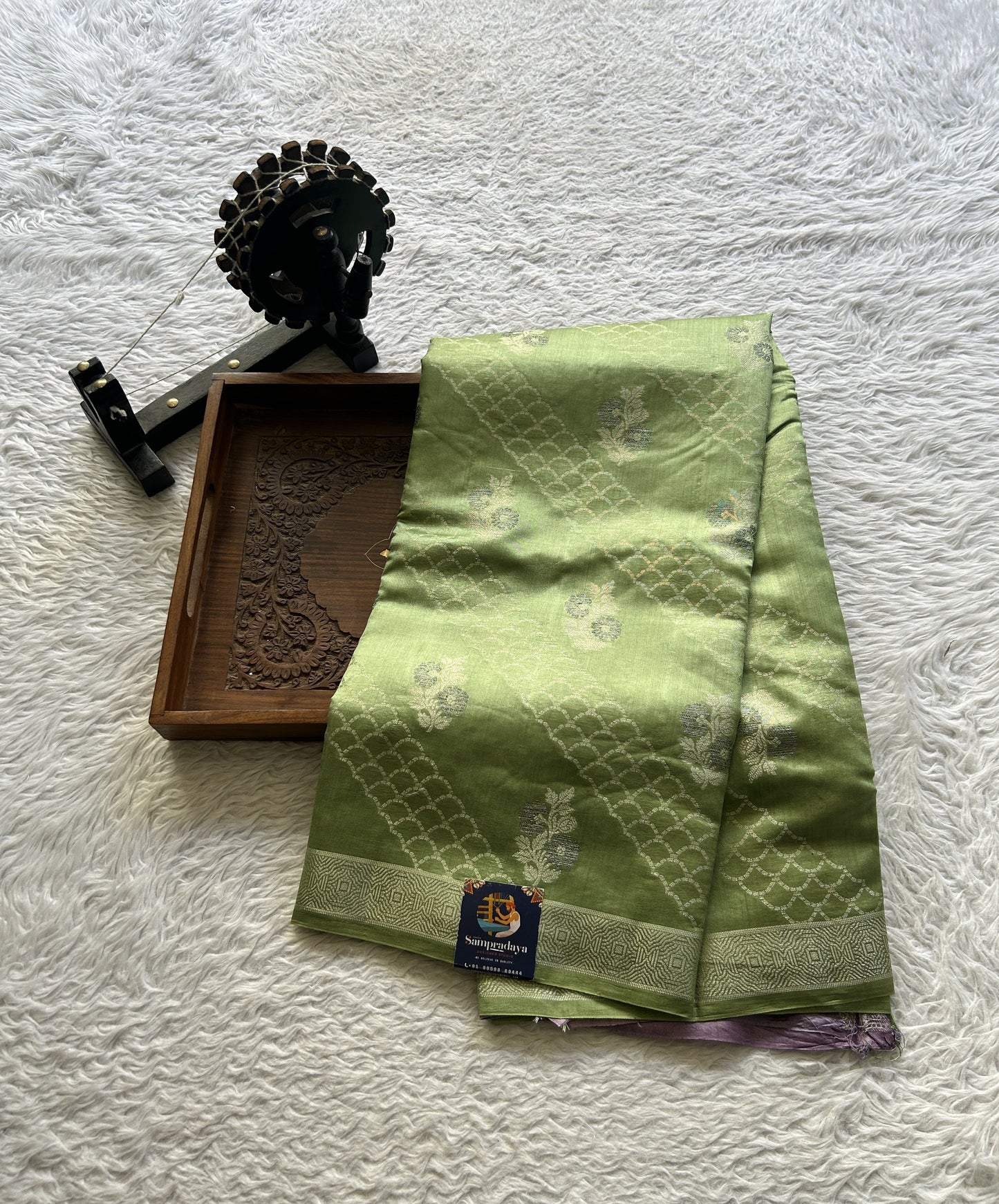 Chiniya Silk Saree Light Green Colored Exquisite with a Zari Border. - Sampradaya Designer Studio