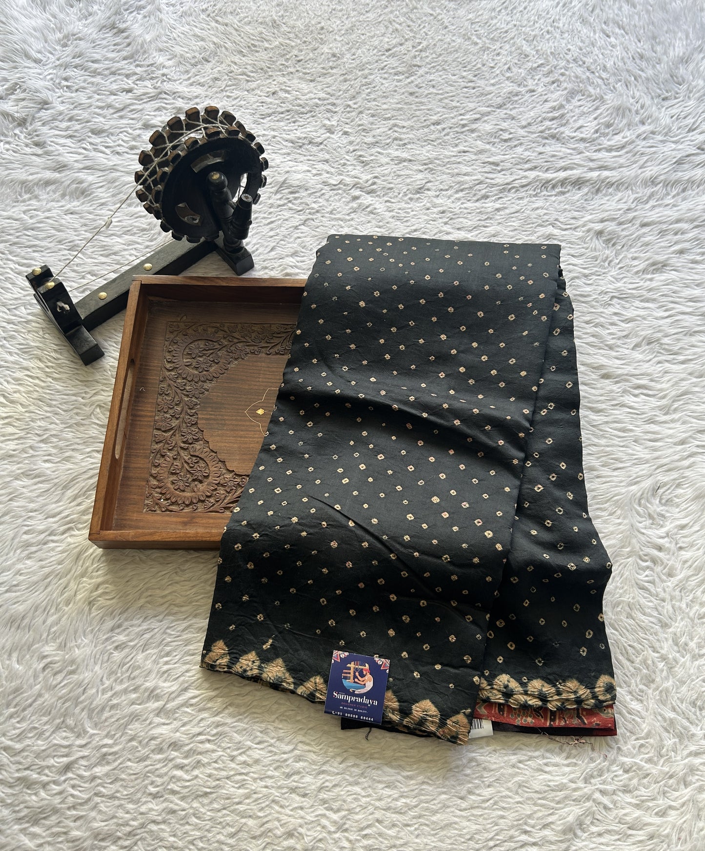 Bandhani Saree Black Colored Elegantly Paired with a Borderless. - Sampradaya Designer Studio