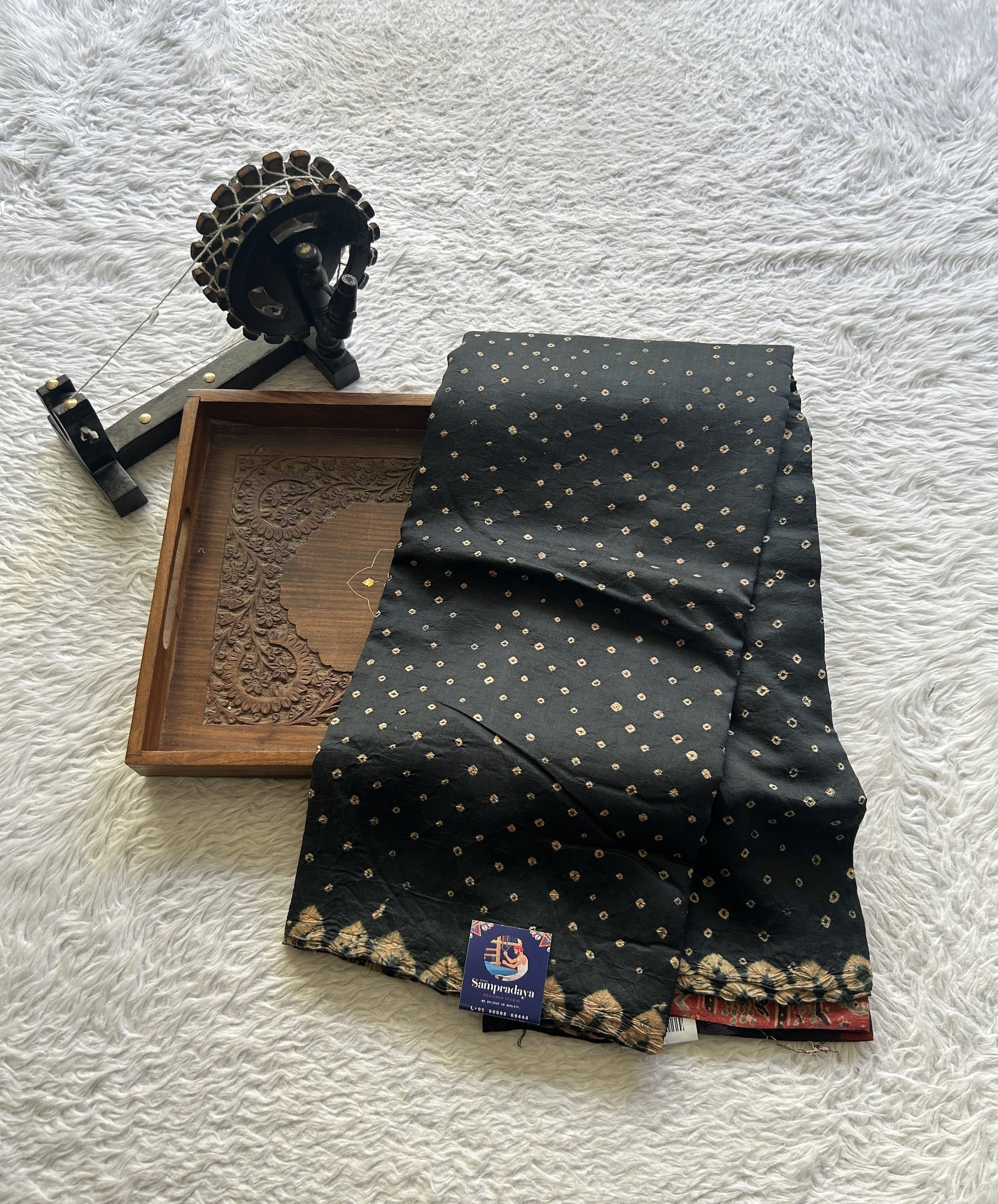 Bandhani Saree Black Colored Elegantly Paired with a Borderless. - Sampradaya Designer Studio