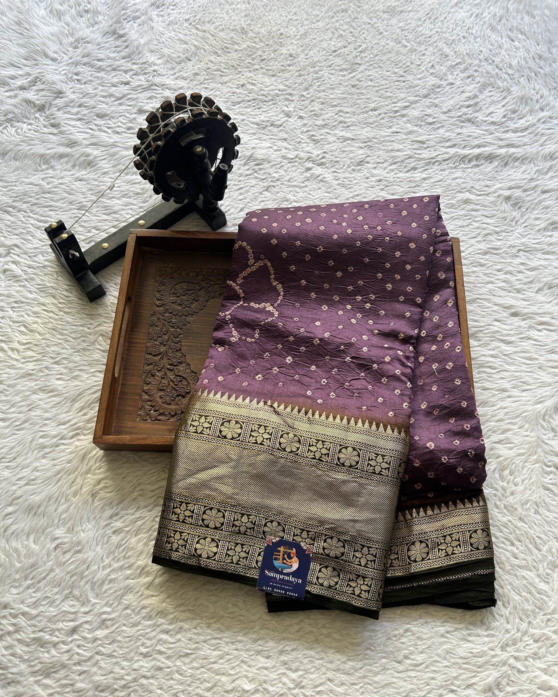 Bandhani Saree Dark Lavender Colored Elegantly Paired with a Zari Border. - Sampradaya Designer Studio