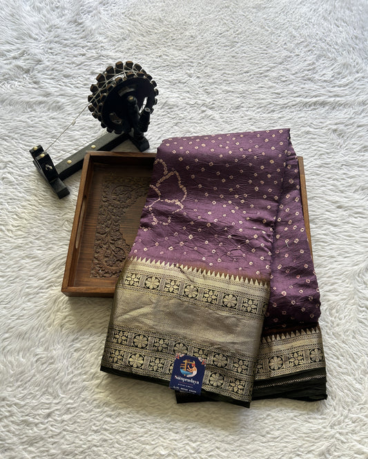 Bandhani Saree Dark Lavender Colored Elegantly Paired with a Zari Border. - Sampradaya Designer Studio