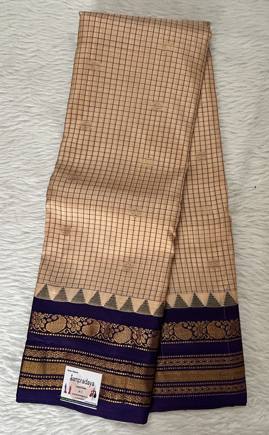 Gadwal Pattu Saree Pastel Orange colored saree complemented with a Teal Blue Color Kanchi Border - Sampradaya Designer Studio