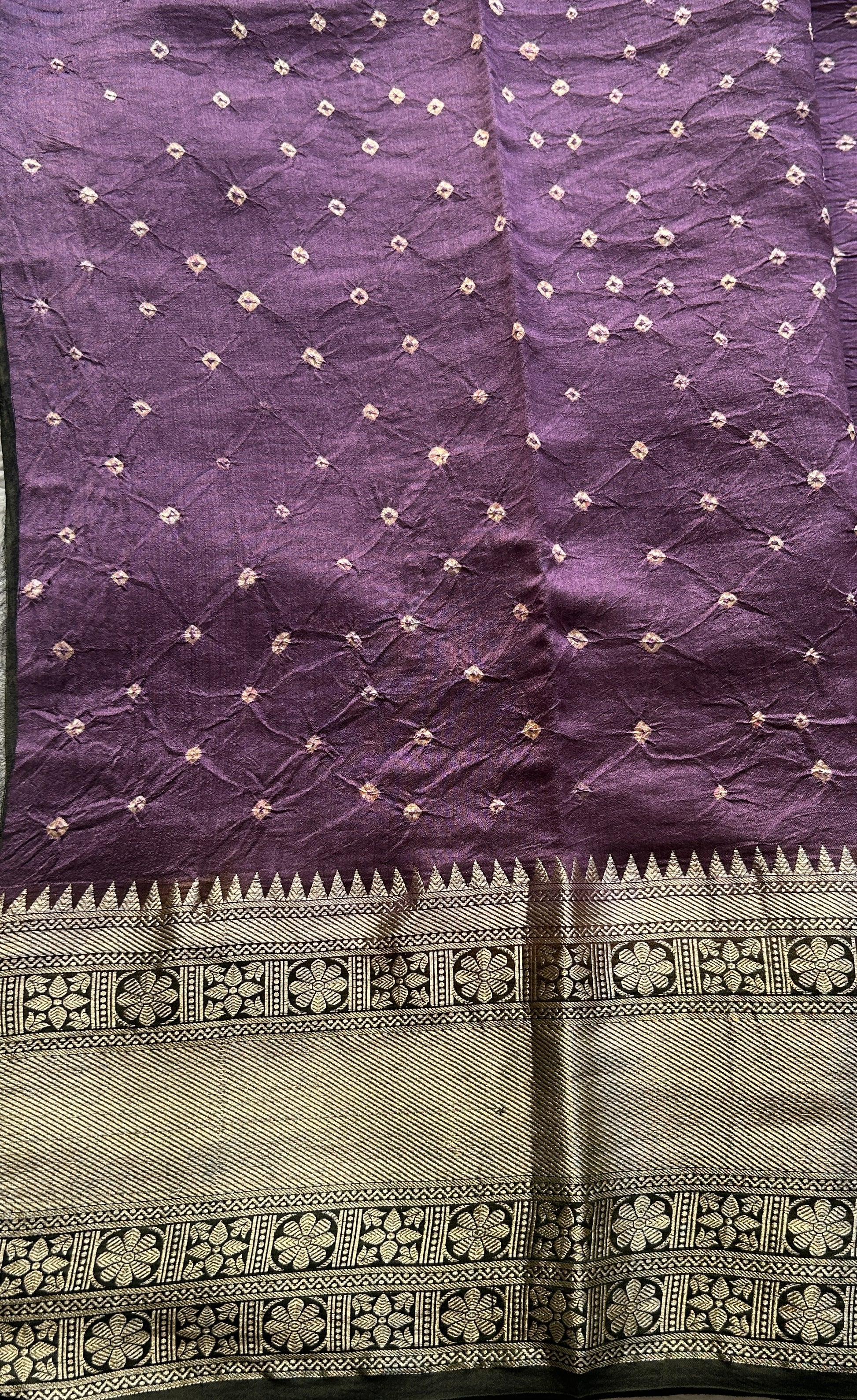 Bandhani Saree Dark Lavender Colored Elegantly Paired with a Zari Border. - Sampradaya Designer Studio