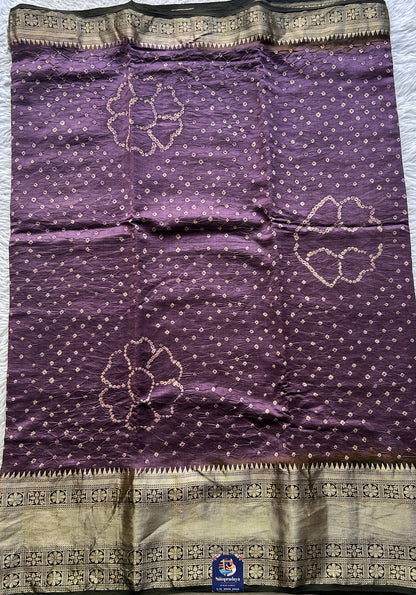 Bandhani Saree Dark Lavender Colored Elegantly Paired with a Zari Border. - Sampradaya Designer Studio
