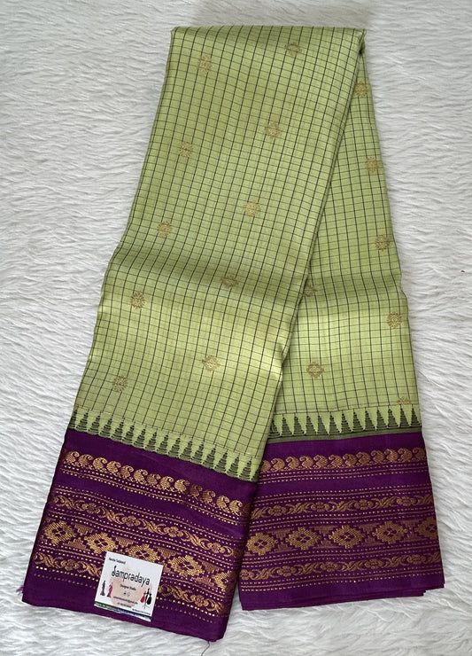 Gadwal Pattu Saree Pastel Green colored saree complemented with a Purple Color Kanchi Border - Sampradaya Designer Studio
