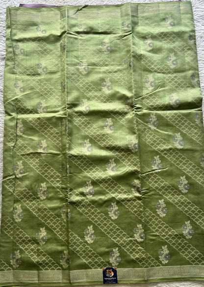 Chiniya Silk Saree Light Green Colored Exquisite with a Zari Border. - Sampradaya Designer Studio