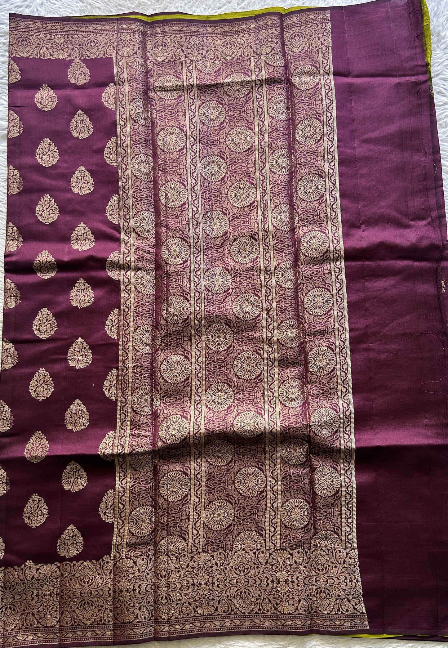 Chiniya Silk Saree Wine Colored Exquisite with a Zari Border. - Sampradaya Designer Studio
