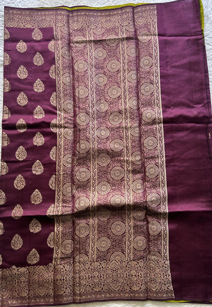 Chiniya Silk Saree Wine Colored Exquisite with a Zari Border. - Sampradaya Designer Studio