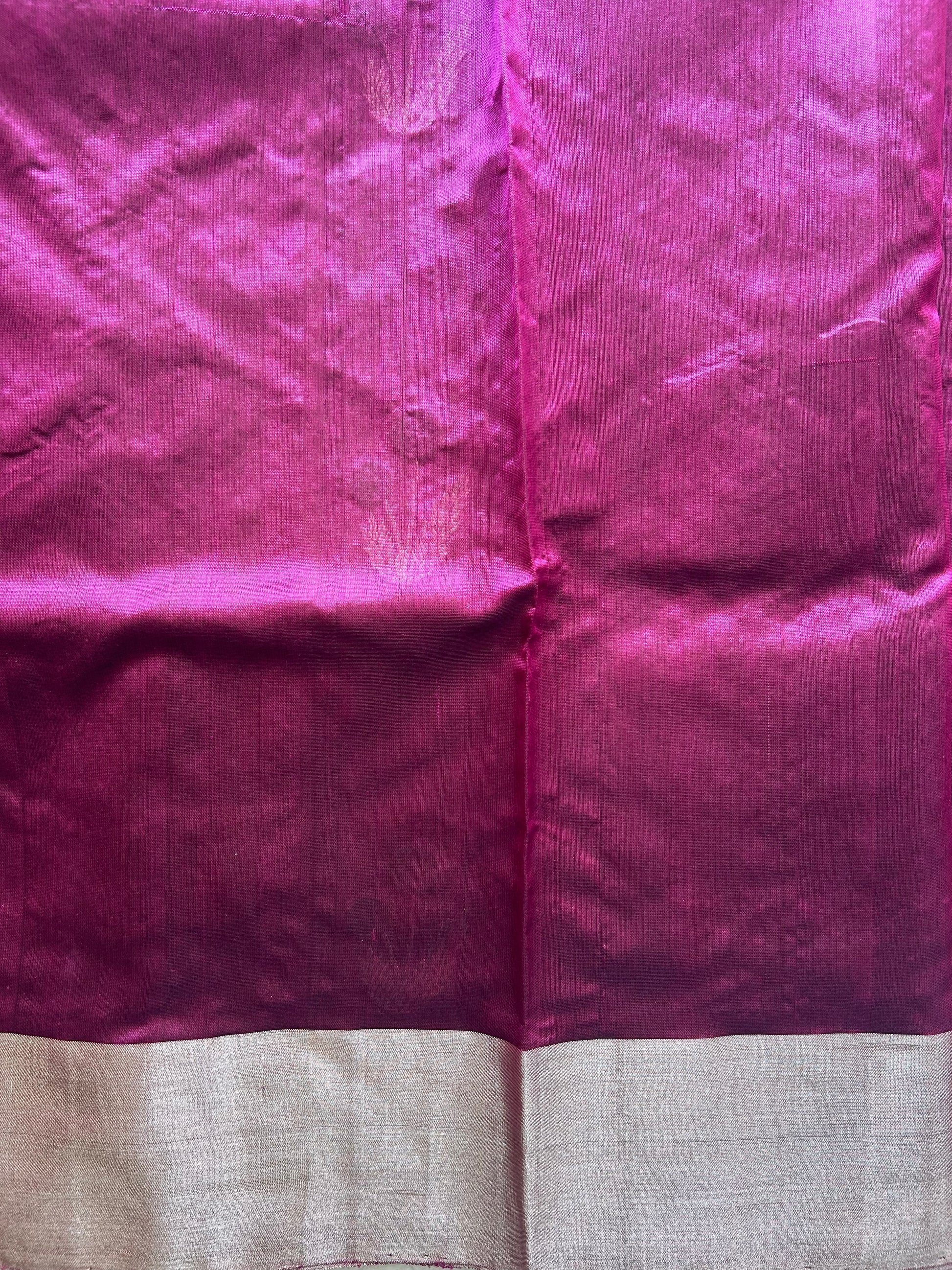 Chanderi Silk  Rose Pink color Elegantly Paired with a Silver Zari border - Sampradaya Designer Studio