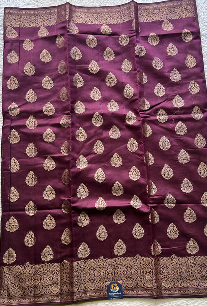 Chiniya Silk Saree Wine Colored Exquisite with a Zari Border. - Sampradaya Designer Studio