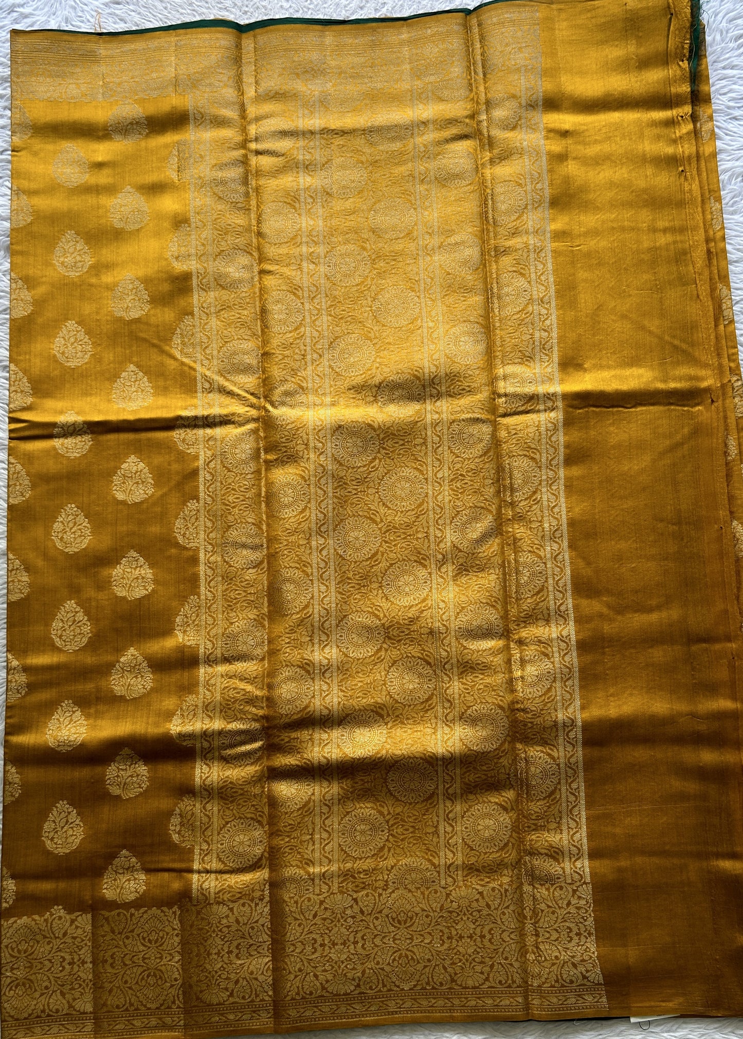 Chiniya Silk Saree Yellow Colored exquisite with a Scallop Zari Border. - Sampradaya Designer Studio