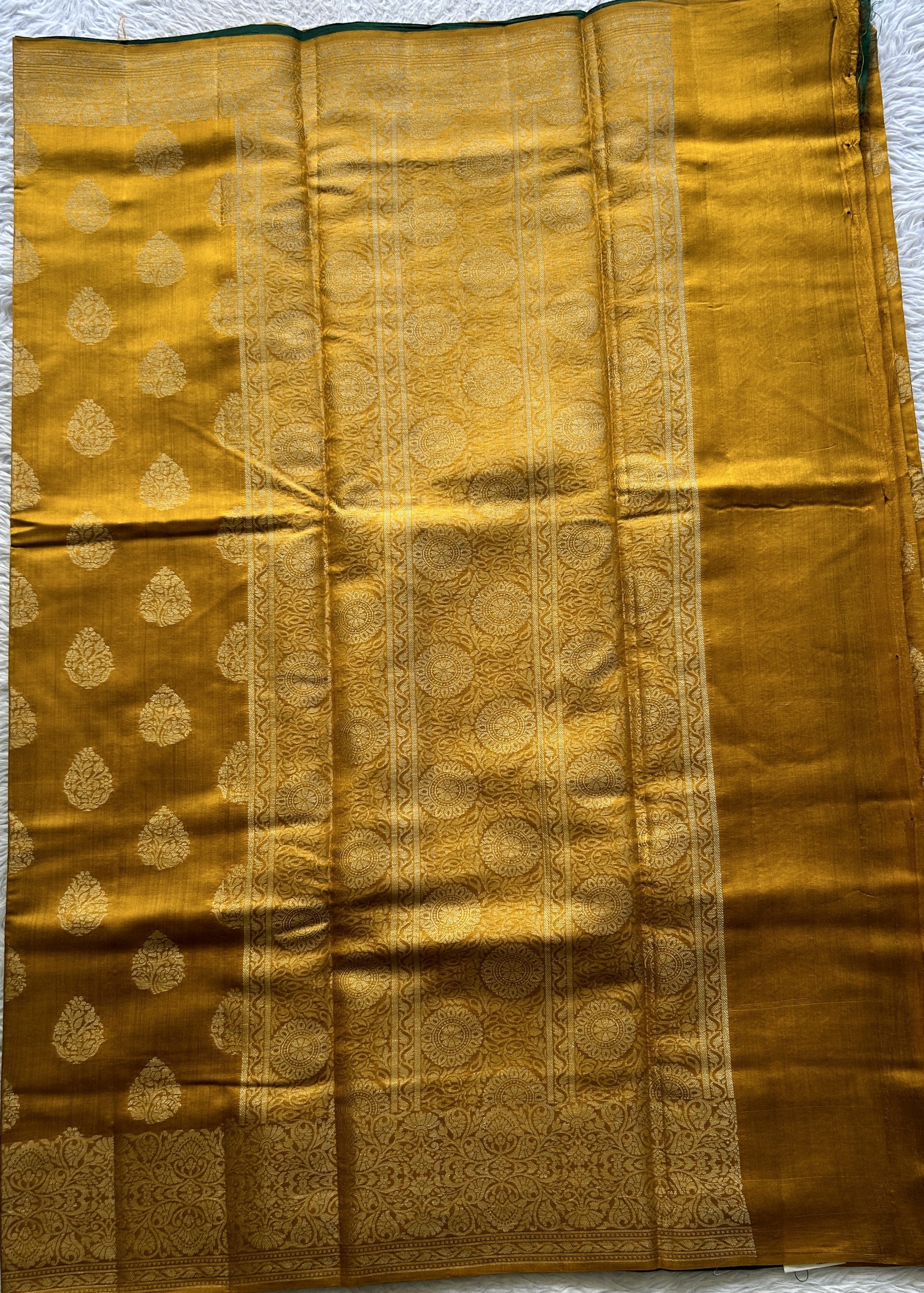 Chiniya Silk Saree Yellow Colored exquisite with a Zari Border. - Sampradaya Designer Studio