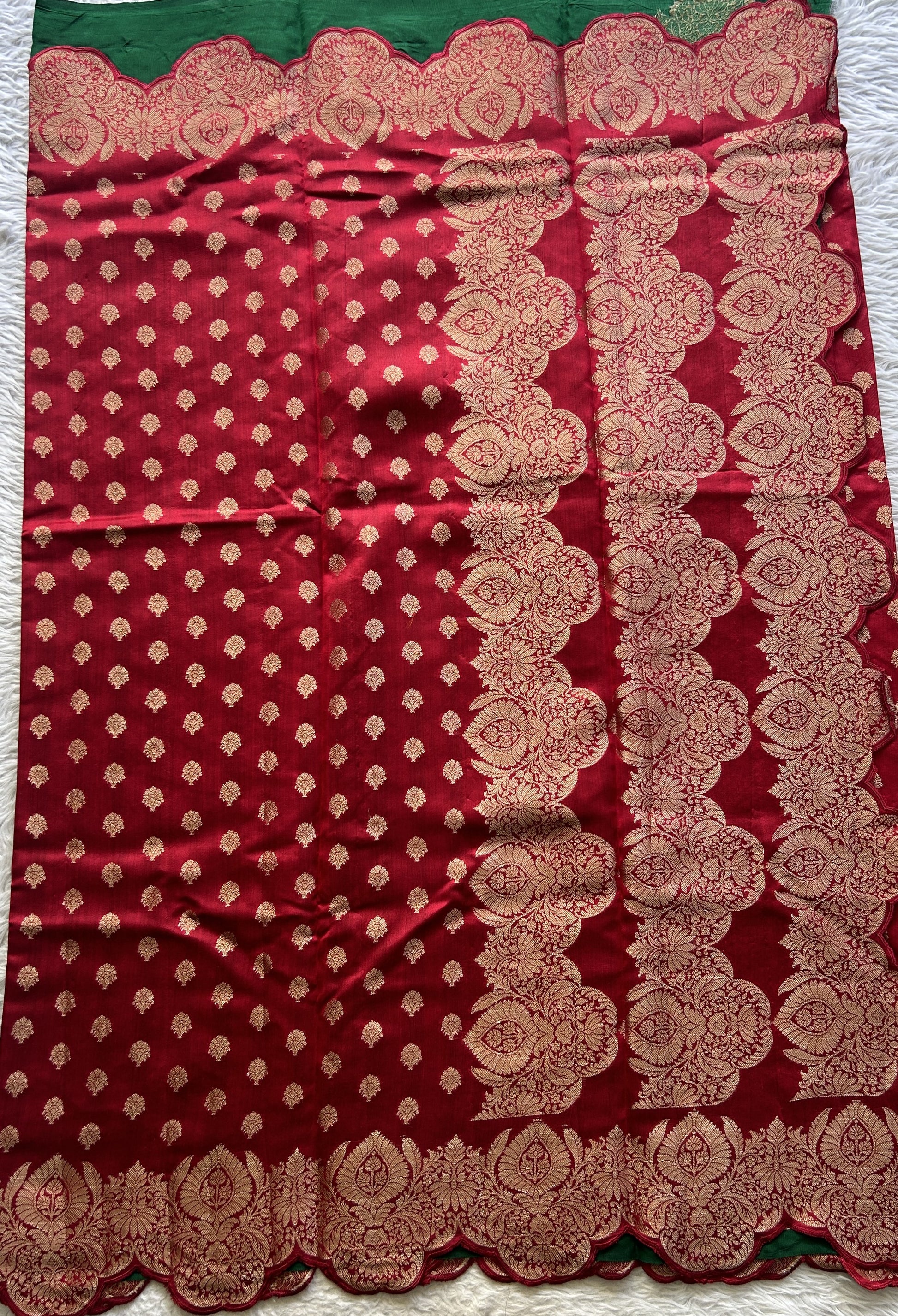 Chiniya Silk Saree Red Colored exquisite with a Scallop Zari Border. - Sampradaya Designer Studio