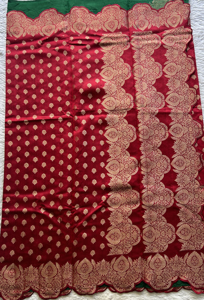 Chiniya Silk Saree Red Colored exquisite with a Scallop Zari Border. - Sampradaya Designer Studio