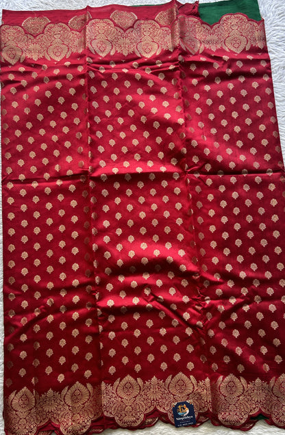 Chiniya Silk Saree Red Colored exquisite with a Scallop Zari Border. - Sampradaya Designer Studio