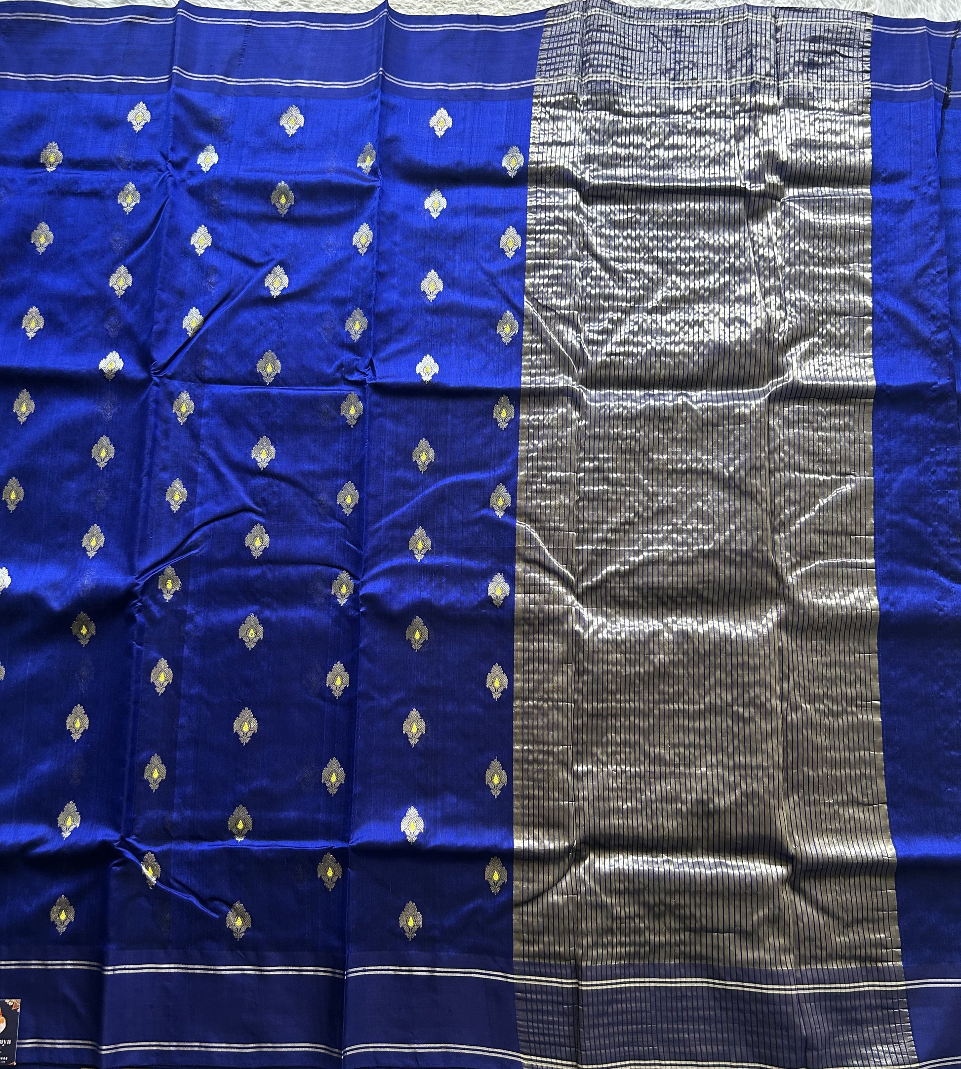 Chanderi Silk Blue color Elegantly Paired with a Silver Zari border - Sampradaya Designer Studio