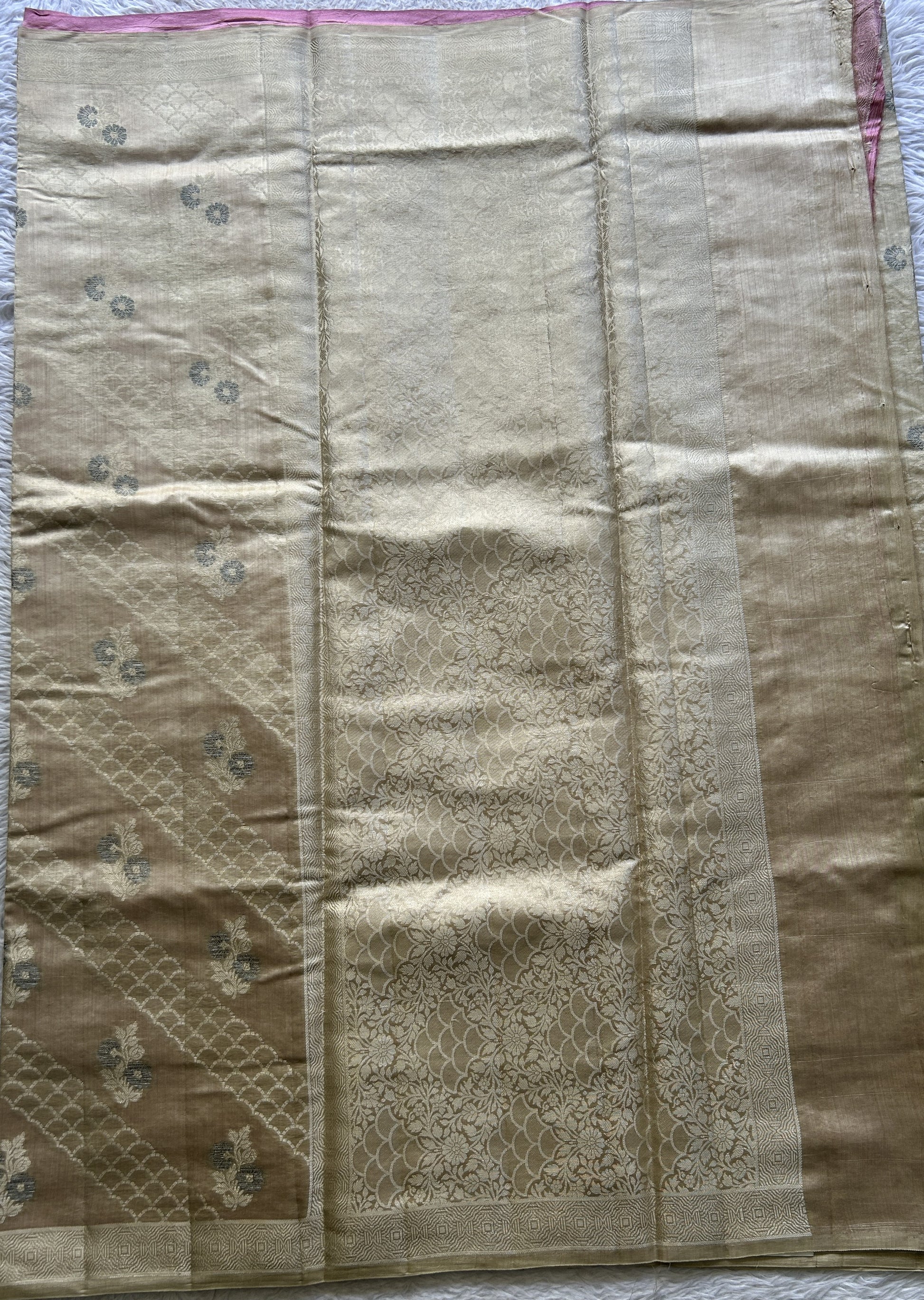 Chiniya Silk Saree Cream Colored exquisite with a Zari Border. - Sampradaya Designer Studio