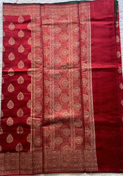 Chiniya Silk Saree Red Colored exquisite with a Zari Border. - Sampradaya Designer Studio