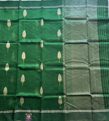 Chanderi Silk Saree Bottle green color Elegantly Paired with a Silver Zari border - Sampradaya Designer Studio