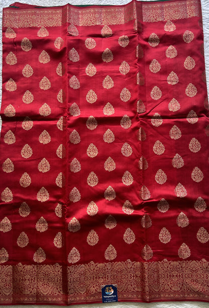 Chiniya Silk Saree Red Colored exquisite with a Zari Border. - Sampradaya Designer Studio