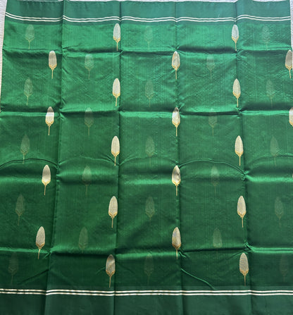 Chanderi Silk Saree Bottle green color Elegantly Paired with a Silver Zari border - Sampradaya Designer Studio
