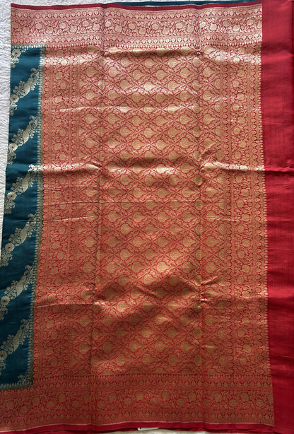 Chiniya Silk Saree Peacock Blue Colored Elegantly Paired with a Red Color Zari Border. - Sampradaya Designer Studio