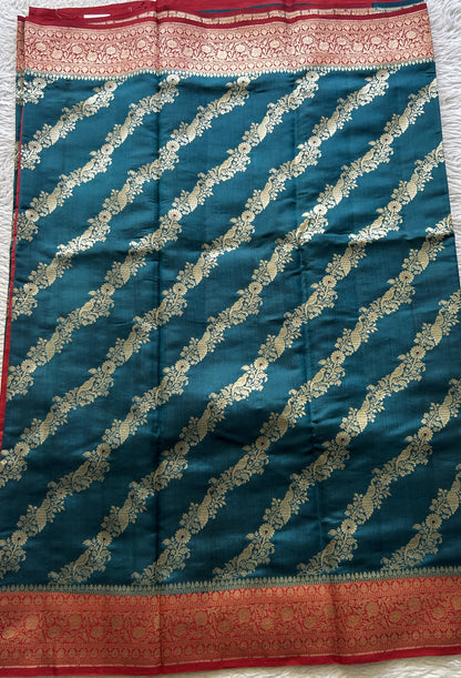 Chiniya Silk Saree Peacock Blue Colored Elegantly Paired with a Red Color Zari Border. - Sampradaya Designer Studio