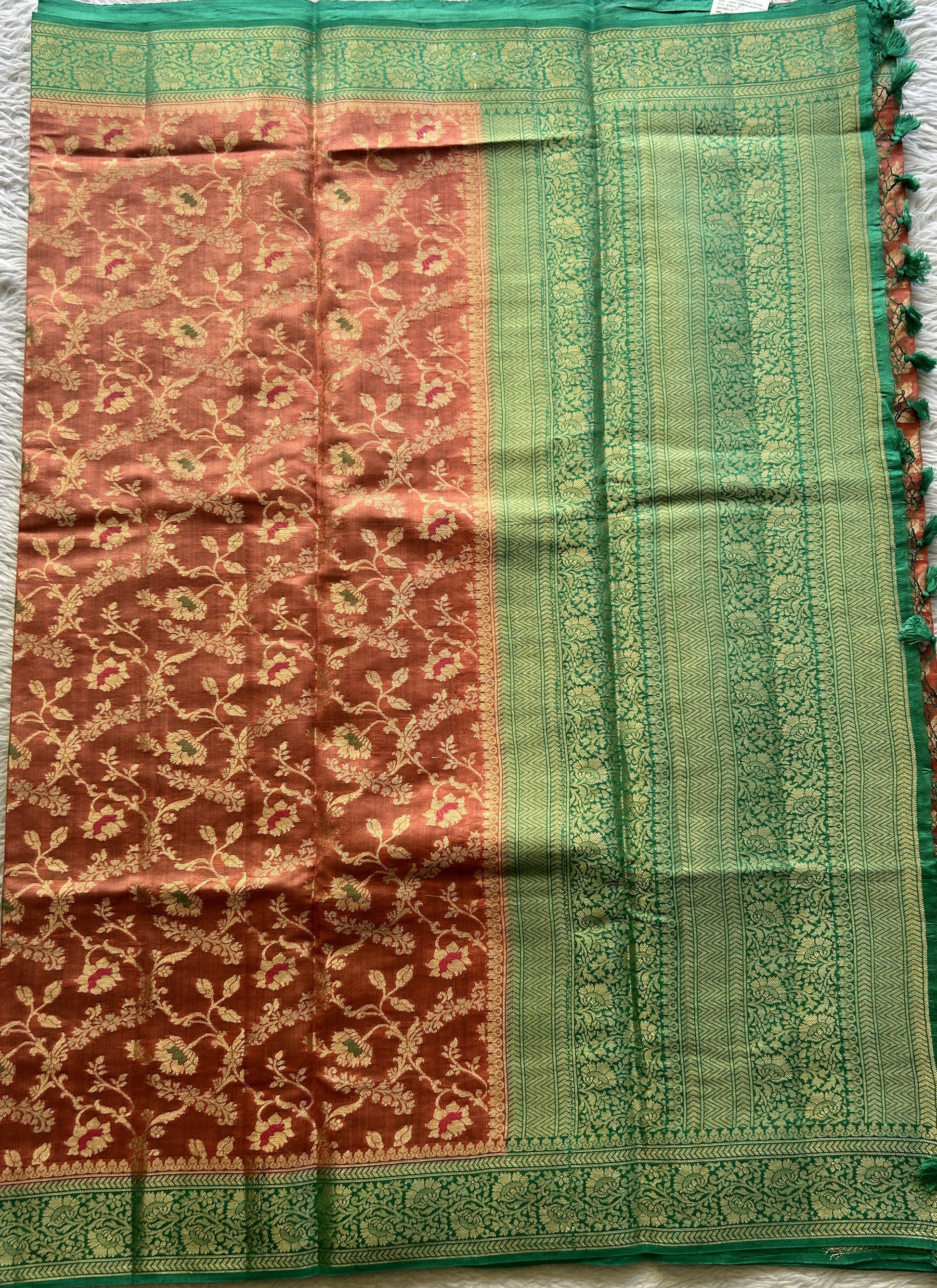 Chiniya Silk Saree Peach Colored Elegantly Paired with a Rama Green Color Zari Border. - Sampradaya Designer Studio