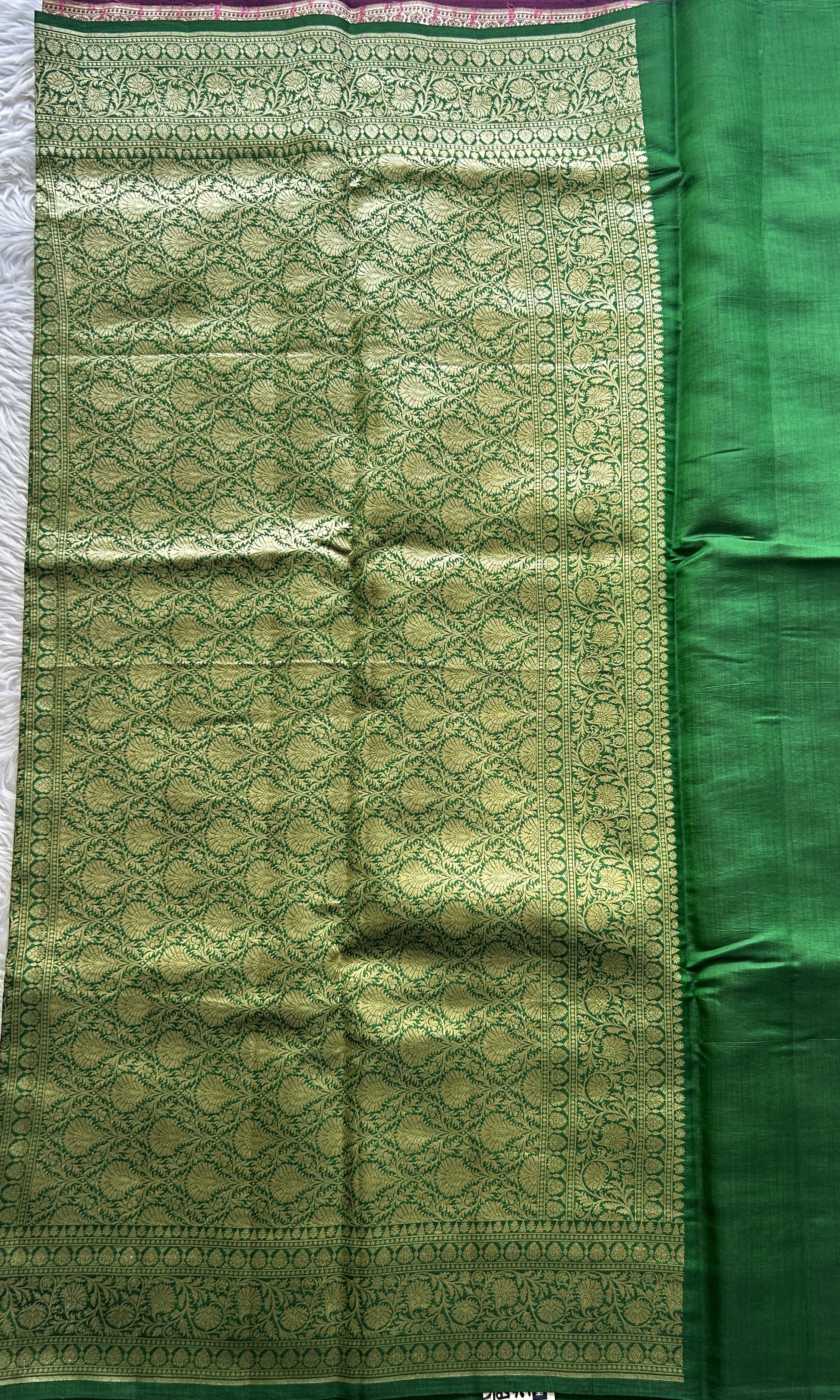 Chiniya Silk Saree Purple Colored Elegantly Paired with a Green Color Zari Border. - Sampradaya Designer Studio