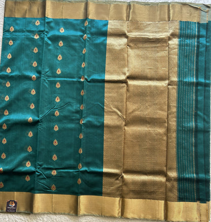 Chanderi Silk Rama Blue color Elegantly Paired with a Gold Zari border - Sampradaya Designer Studio