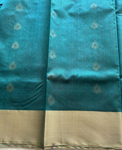 Chanderi Silk Rama Blue color Elegantly Paired with a Gold Zari border - Sampradaya Designer Studio