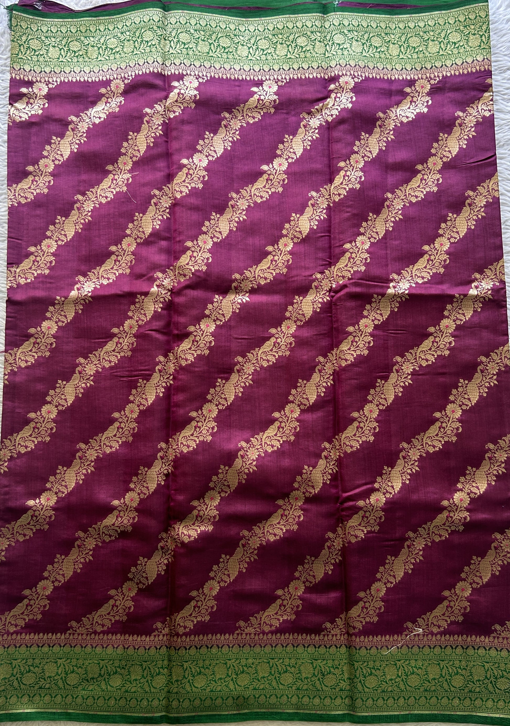 Chiniya Silk Saree Purple Colored Elegantly Paired with a Green Color Zari Border. - Sampradaya Designer Studio