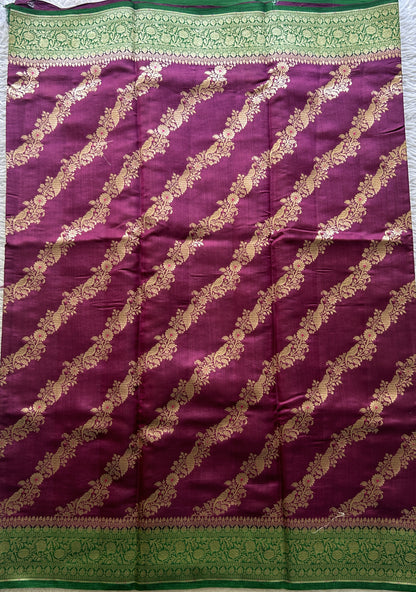 Chiniya Silk Saree Purple Colored Elegantly Paired with a Green Color Zari Border. - Sampradaya Designer Studio