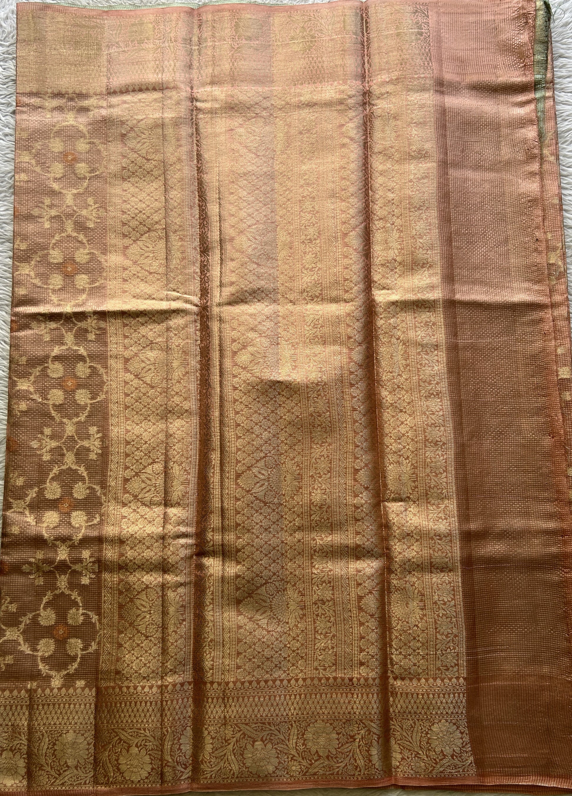 Chiniya Silk Saree Light Peach Colored Elegantly Paired with a Zari Border. - Sampradaya Designer Studio