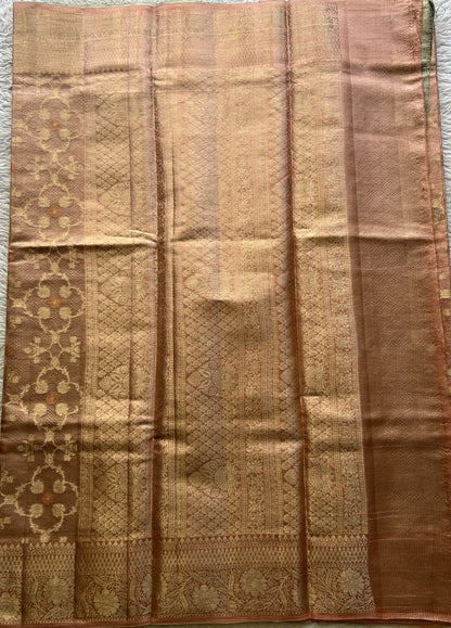 Chiniya Silk Saree Light Peach Colored Elegantly Paired with a Zari Border. - Sampradaya Designer Studio