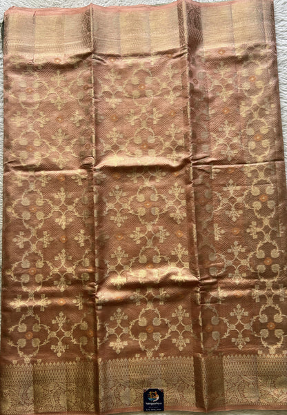 Chiniya Silk Saree Light Peach Colored Elegantly Paired with a Zari Border. - Sampradaya Designer Studio